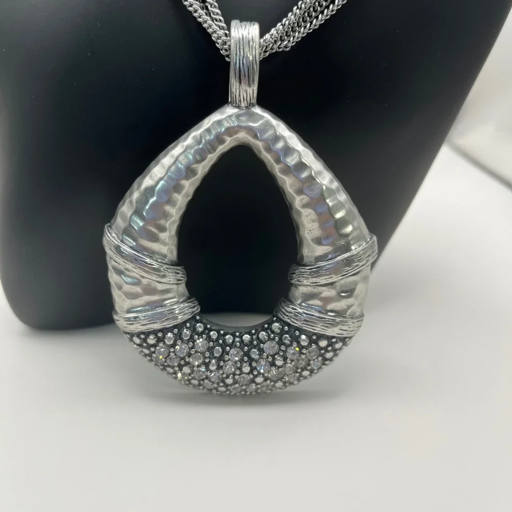 Macy's Silver Tone Open Teardrop Pendant Necklace with Rhinestones‎ 16